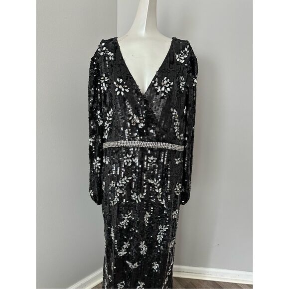 NWT MAC DUGGAL EMBELLISHED WRAP OVER BISHOP SLEEVE GOWN $1598 - Picture 4 of 11